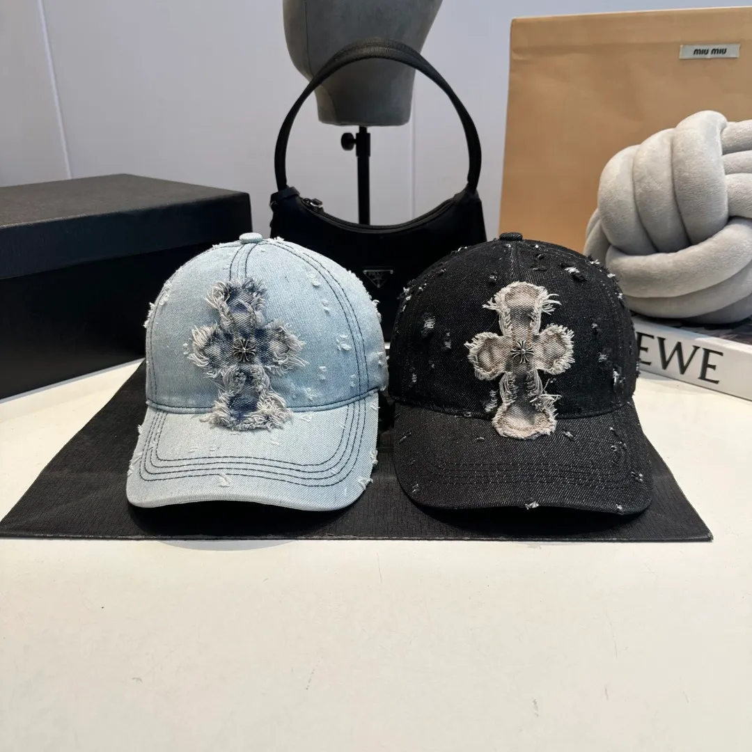 P70 Chrome Hearts 💓Denim ripped early spring Korean style fashion retro distressed ripped hat worn design versatile baseball cap peaked cap